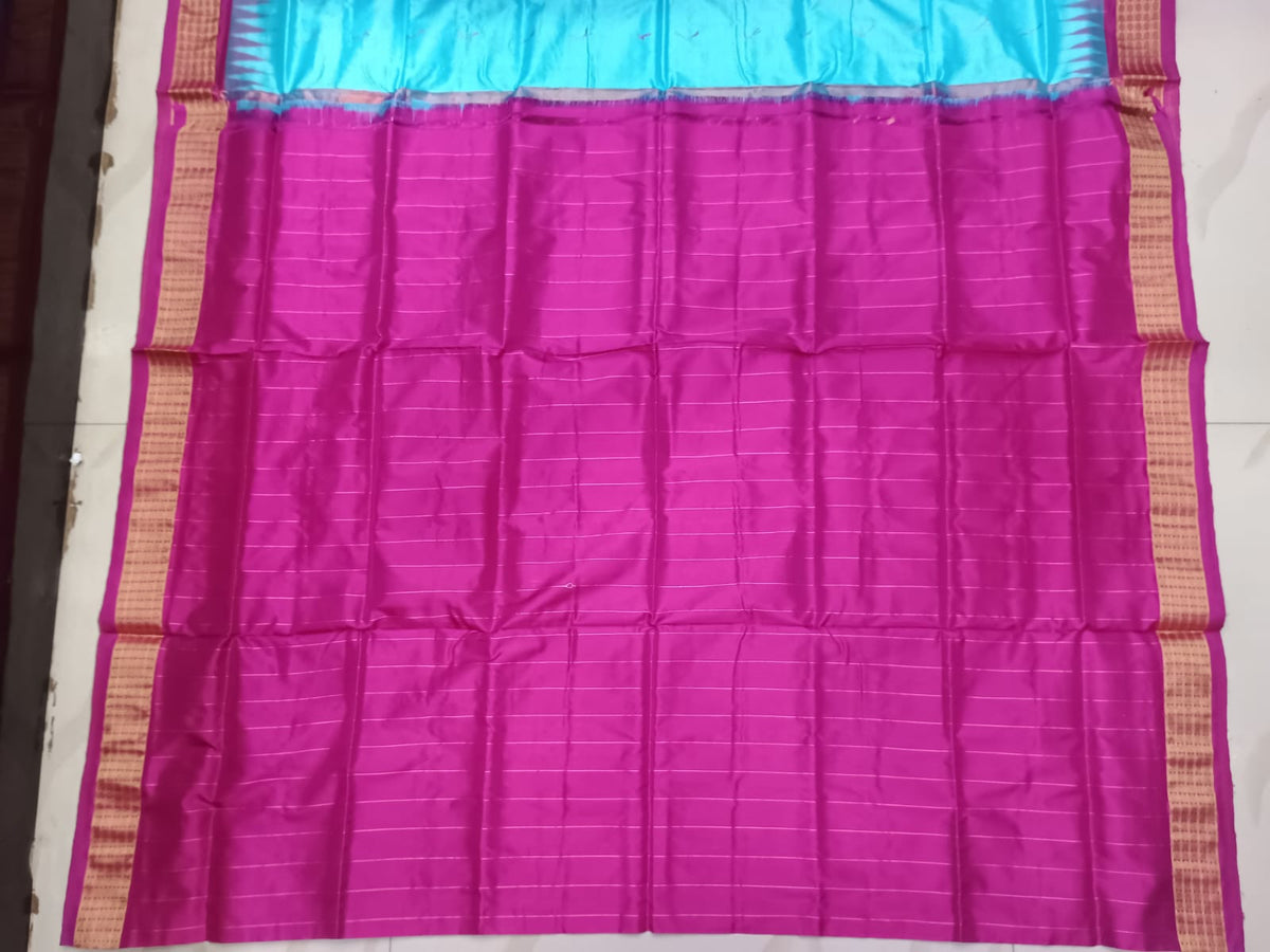 Sky Blue and Rani Pink Handwoven Sambalpuri Bomkai Silk Saree