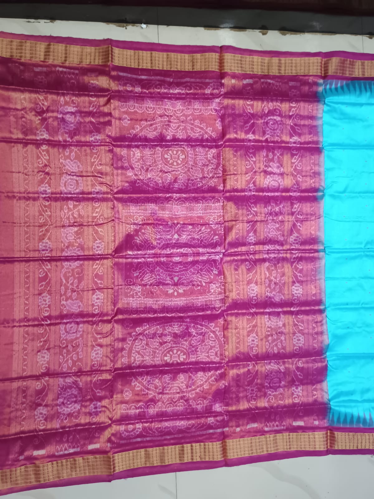 Sky Blue and Rani Pink Handwoven Sambalpuri Bomkai Silk Saree
