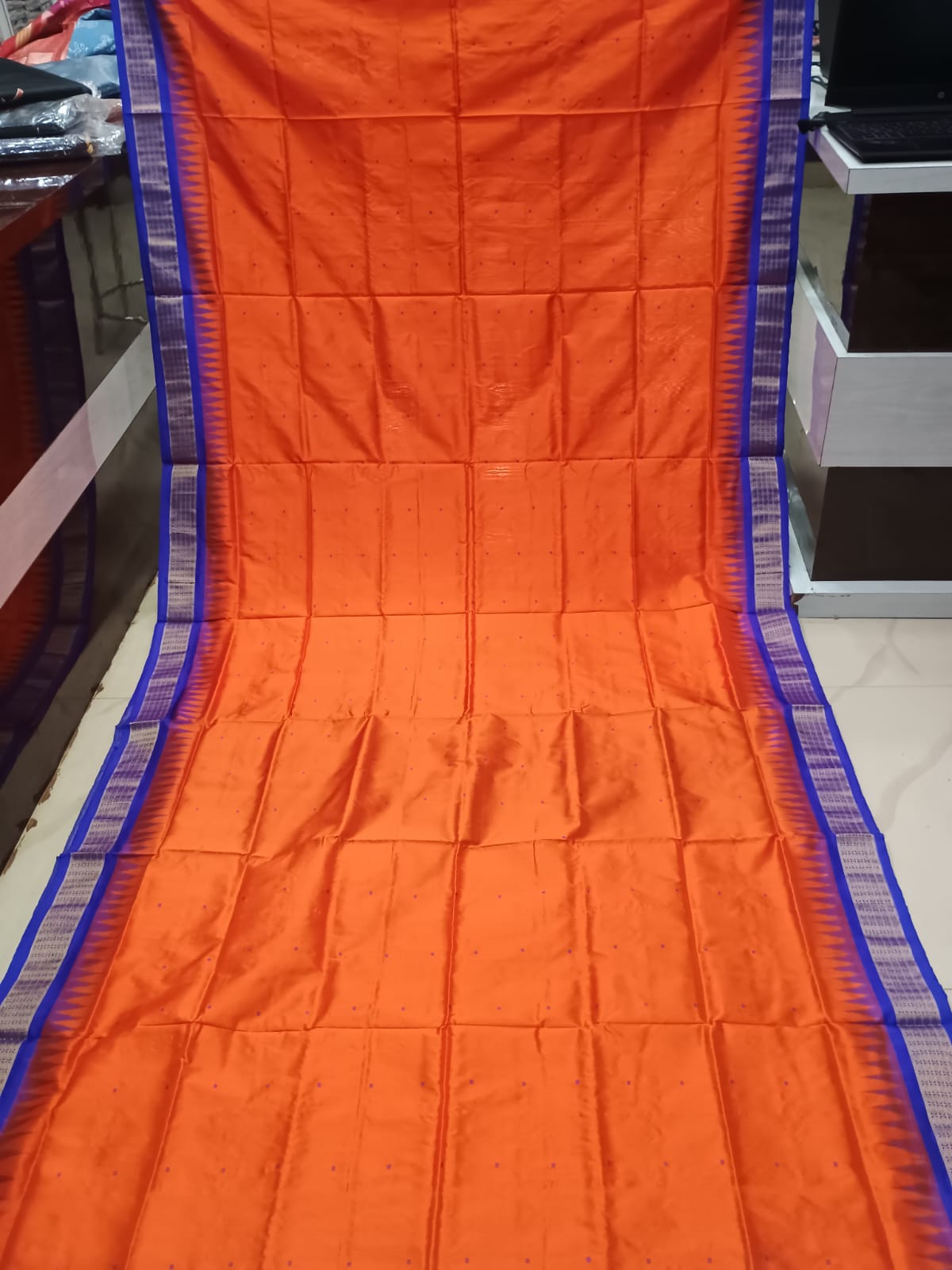 Mandarin Orange and Royal Blue Handwoven Bomkai Half Tissue Silk Saree
