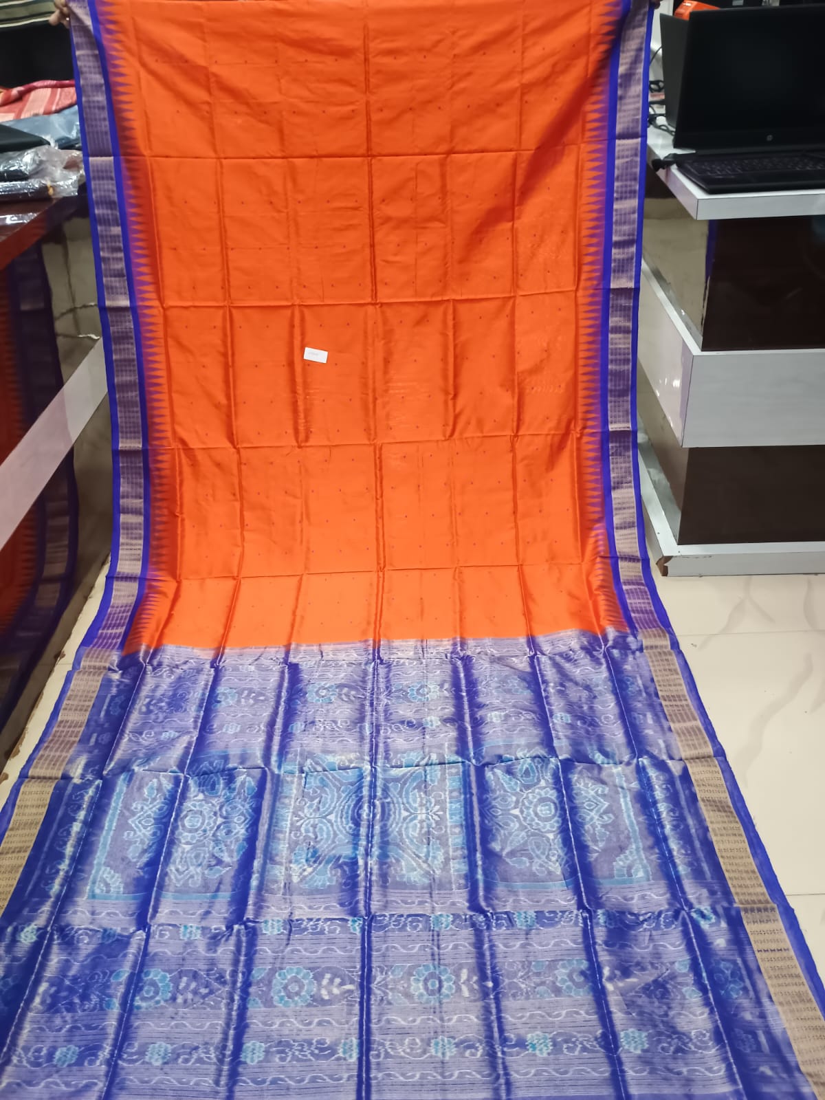 Mandarin Orange and Royal Blue Handwoven Bomkai Half Tissue Silk Saree