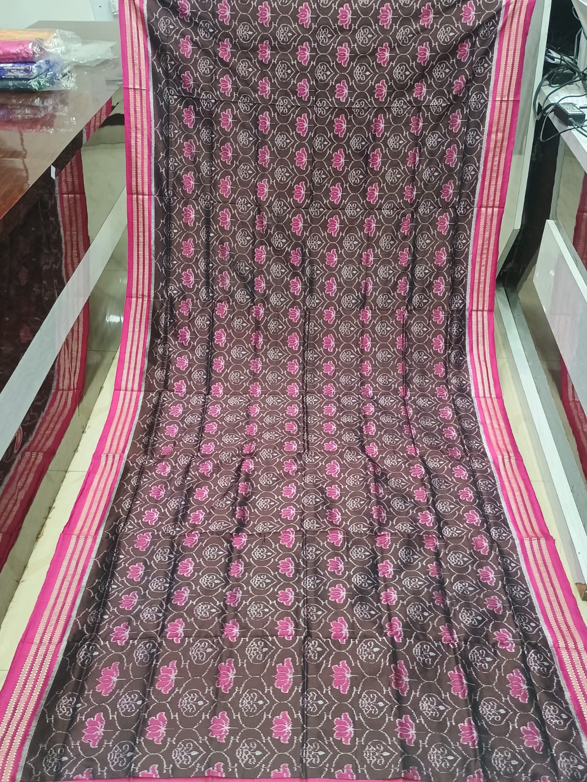 Coffee Magenta Lotus Design Sambalpuri Silk Saree