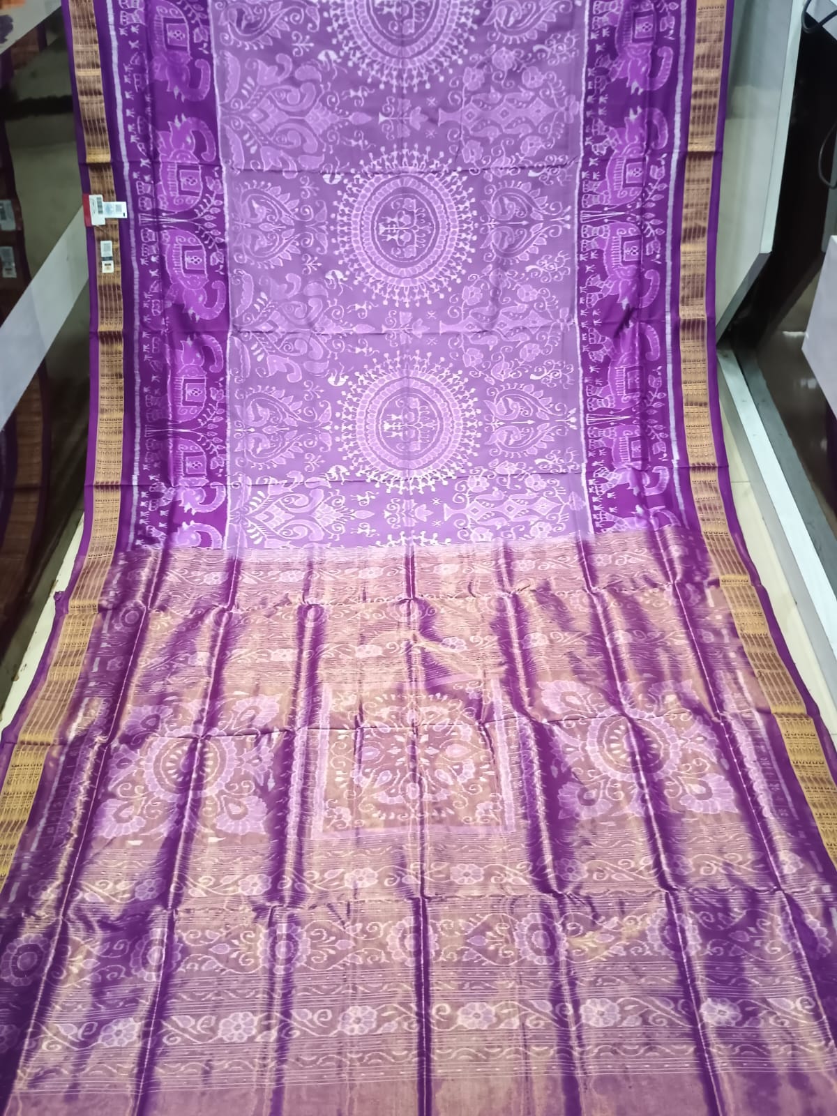 Light Purple Dark Purple Round Tribal Design Sambalpuri Half Tissue Silk Saree