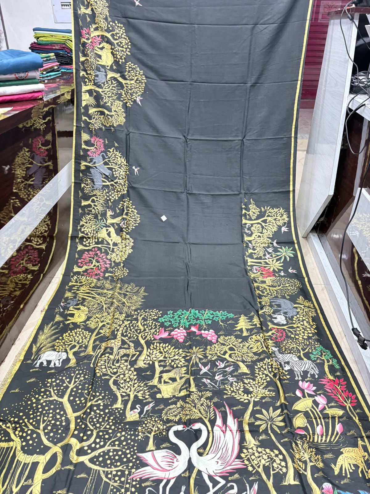 Black Jungle Theme Handpainted Pattachitra Khadi Silk Saree