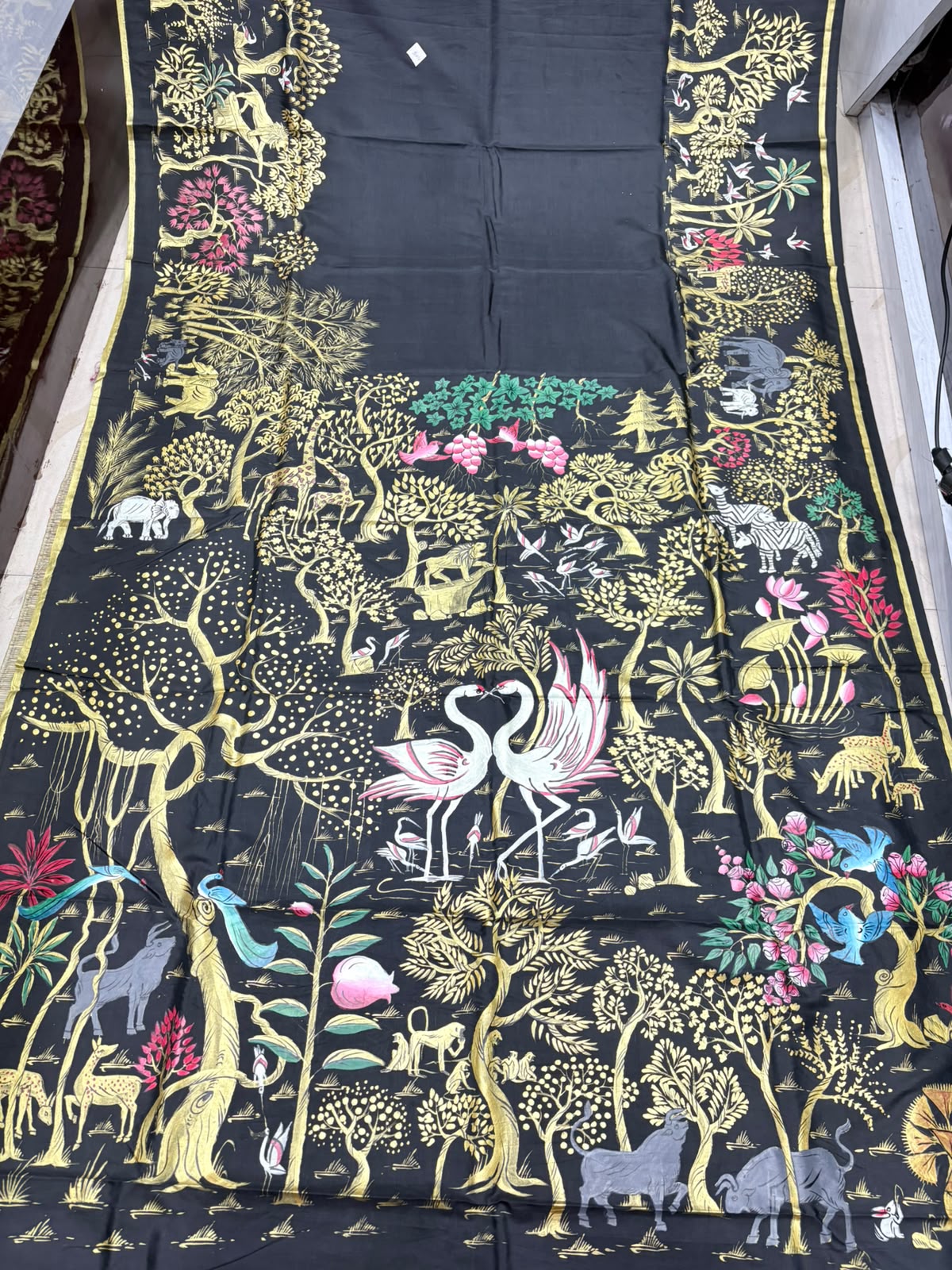 Black Jungle Theme Handpainted Pattachitra Khadi Silk Saree