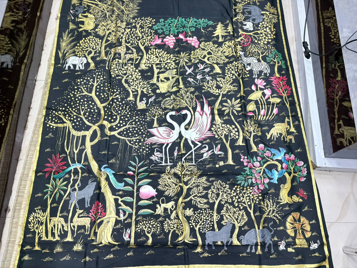Black Jungle Theme Handpainted Pattachitra Khadi Silk Saree