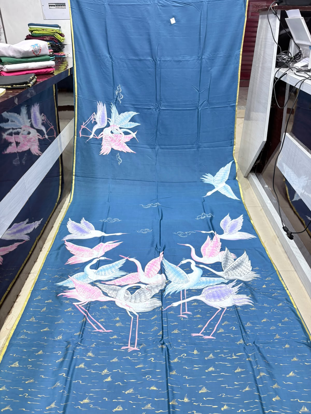Teal blue Crane And Wetland Handpainted Pattachitra Khadi Silk Saree