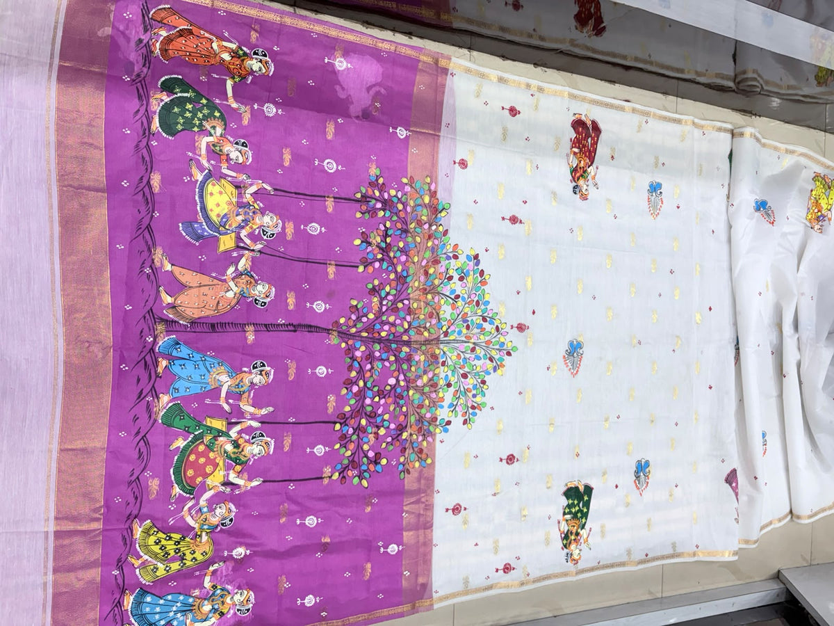 Rani Pink & White Raja Doli Theme Hand-Painted Pattachitra Saree - South Cotton Saree