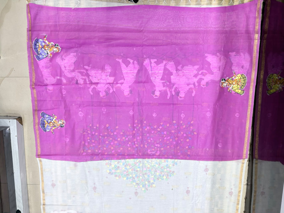 Rani Pink & White Raja Doli Theme Hand-Painted Pattachitra Saree - South Cotton Saree