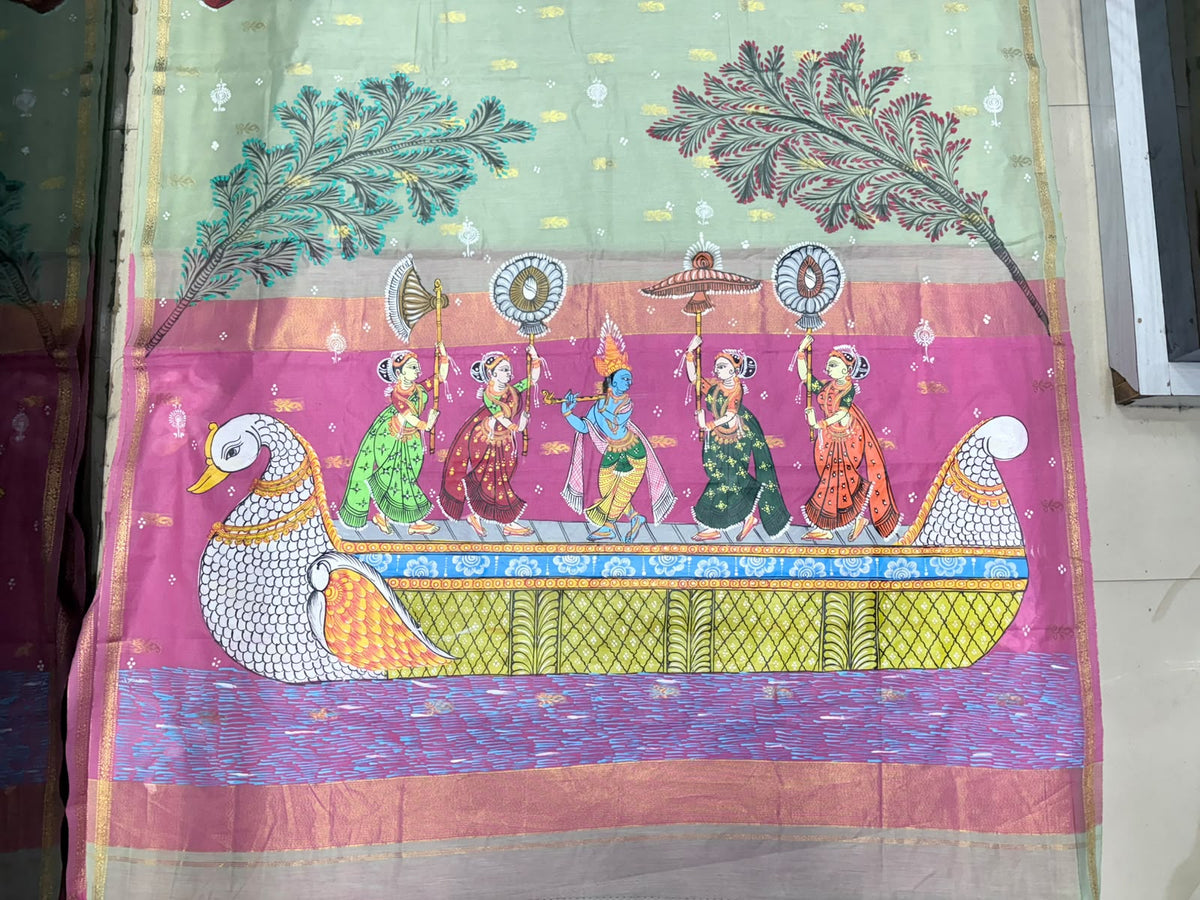 Pastel Green & Rani Pink Krishna Nauka Vihar Theme Hand-Painted Pattachitra Cotton Saree