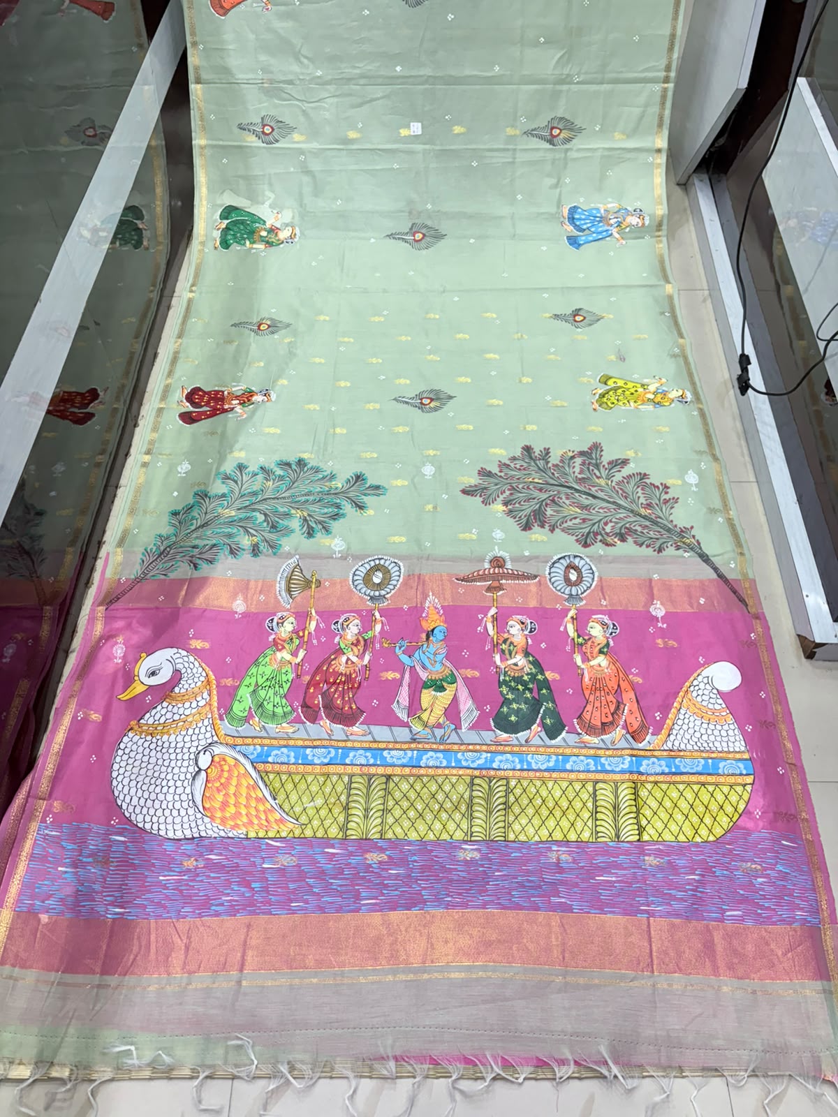 Pastel Green & Rani Pink Krishna Nauka Vihar Theme Hand-Painted Pattachitra Cotton Saree