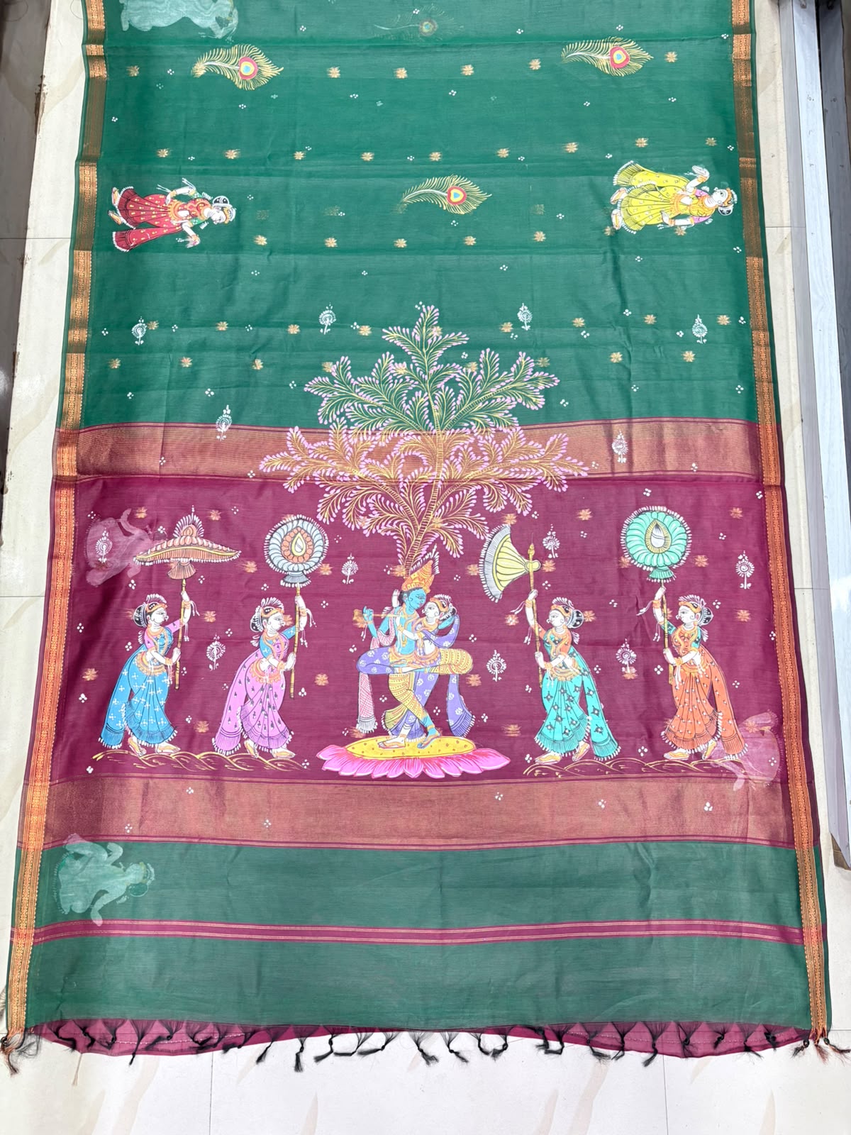 Bottle Green & Wine Maroon Radha Krishna Rassa Theme Hand-Painted Pattachitra Cotton Saree