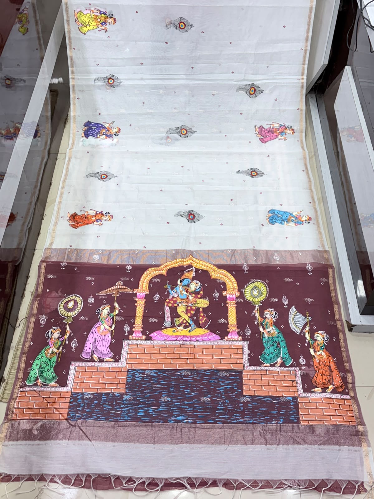 Off-White & Coffee Maroon Radha Krishna Mandapa Theme Hand-Painted Pattachitra South Cotton saree