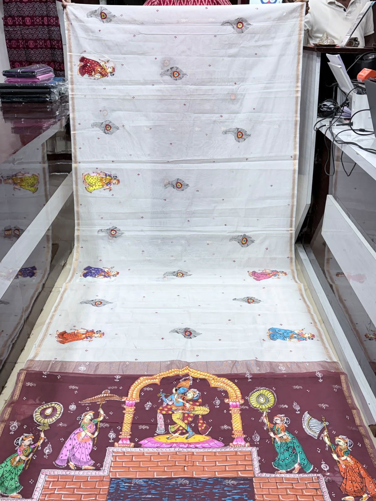 Off-White & Coffee Maroon Radha Krishna Mandapa Theme Hand-Painted Pattachitra South Cotton saree