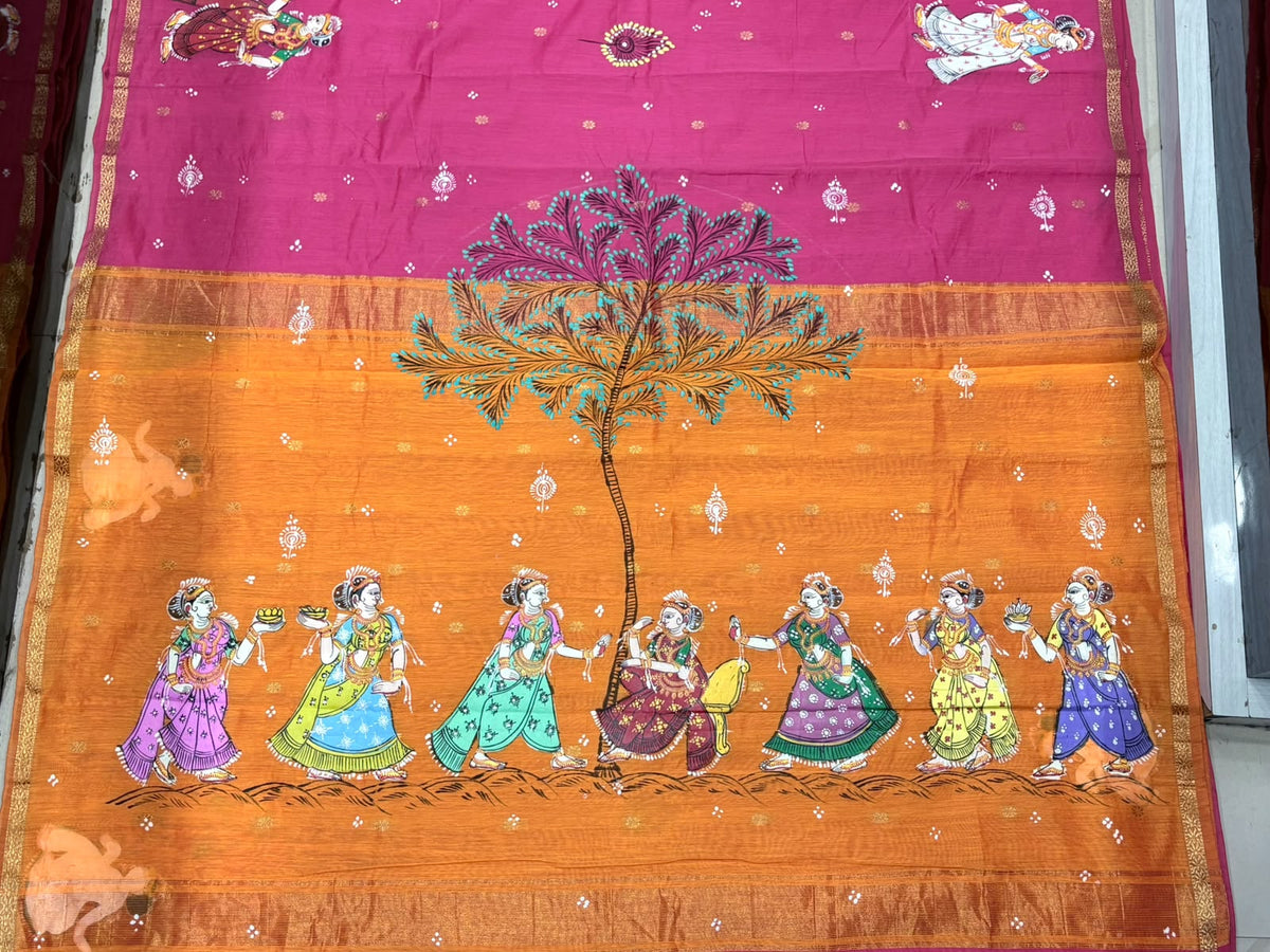 Rani Pink & Mustard Orange Krishna Sakhi Dance Theme Hand-Painted Pattachitra South Cotton Saree