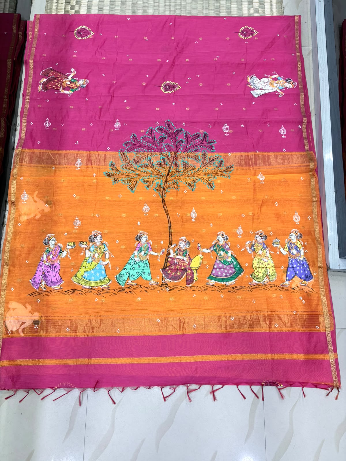 Rani Pink & Mustard Orange Krishna Sakhi Dance Theme Hand-Painted Pattachitra South Cotton Saree