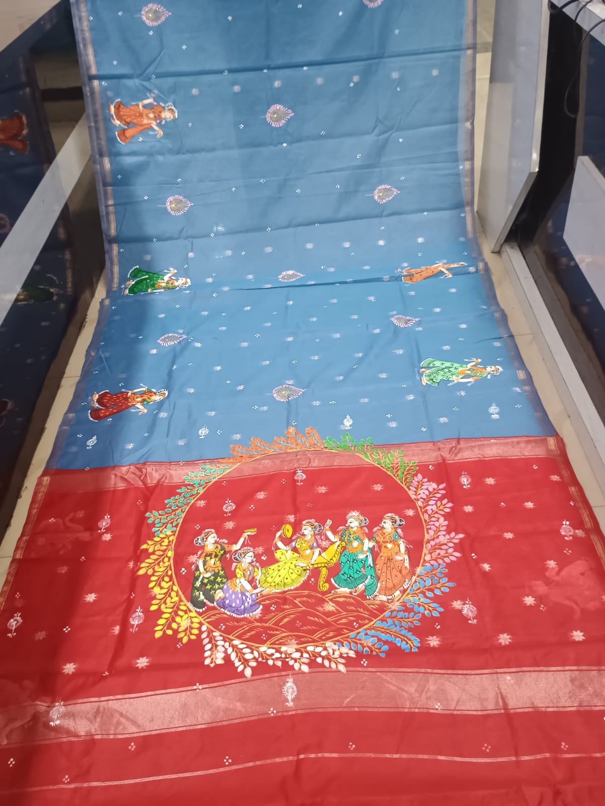 Sky Blue & Crimson Red Krishna Raas Leela Theme Hand-Painted Pattachitra South Cotton  Saree
