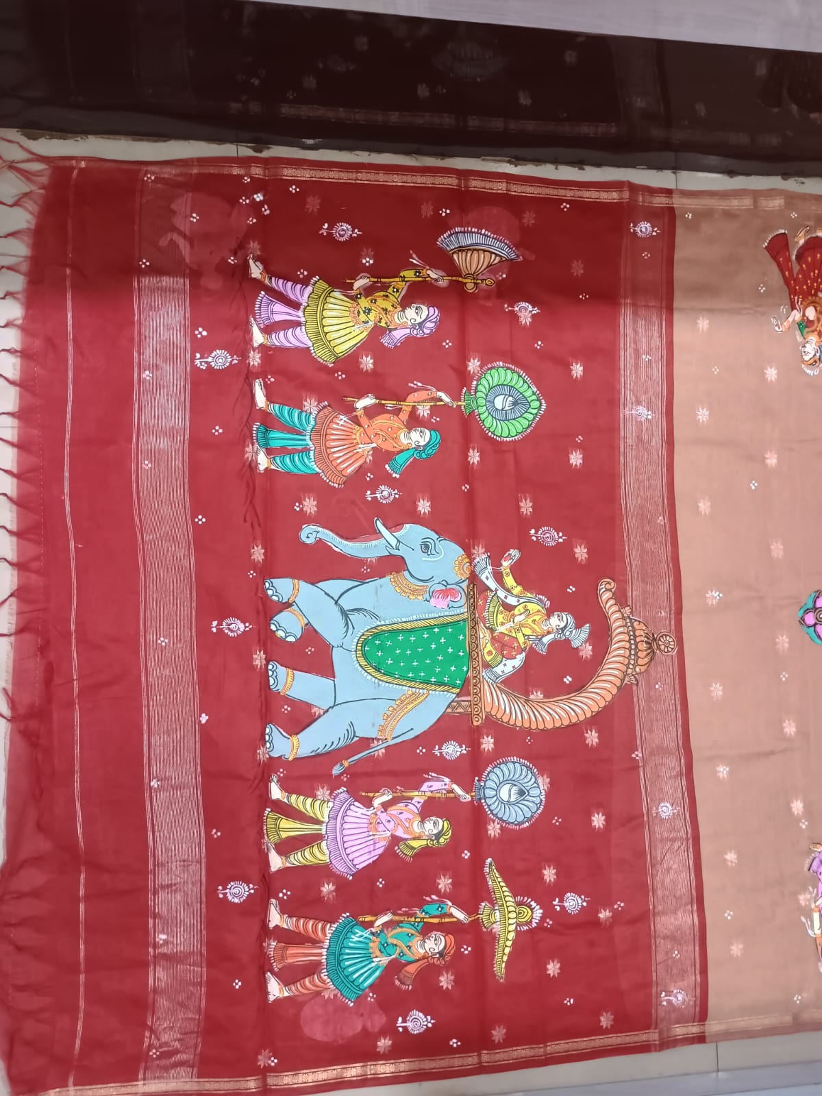 Beige Chiku & Maroon Royal Elephant Procession Theme Hand-Painted Pattachitra south cotton Saree