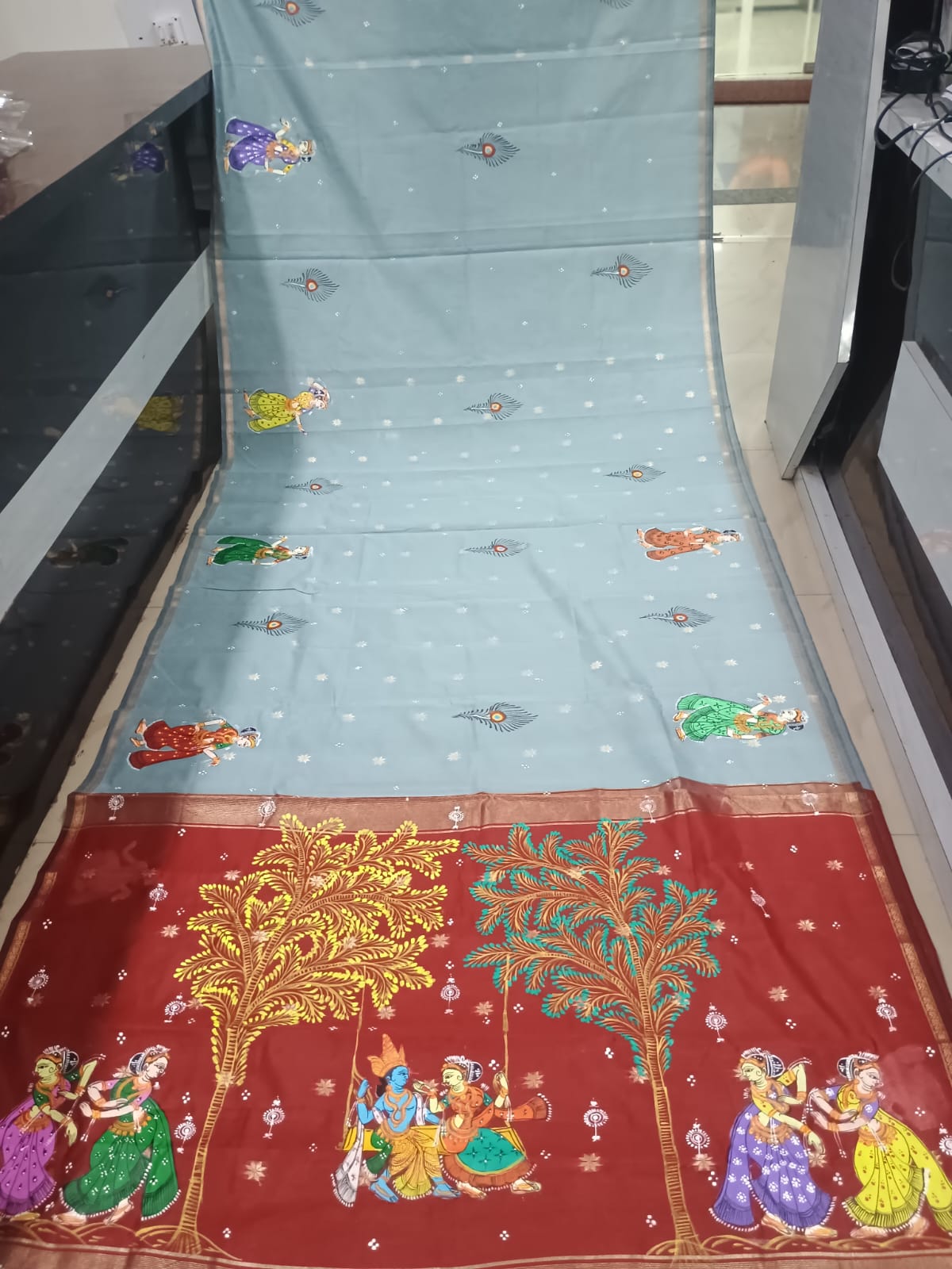 Powder Blue & Maroon Krishna Raja Doli Theme Hand-Painted Pattachitra South Cotton Saree