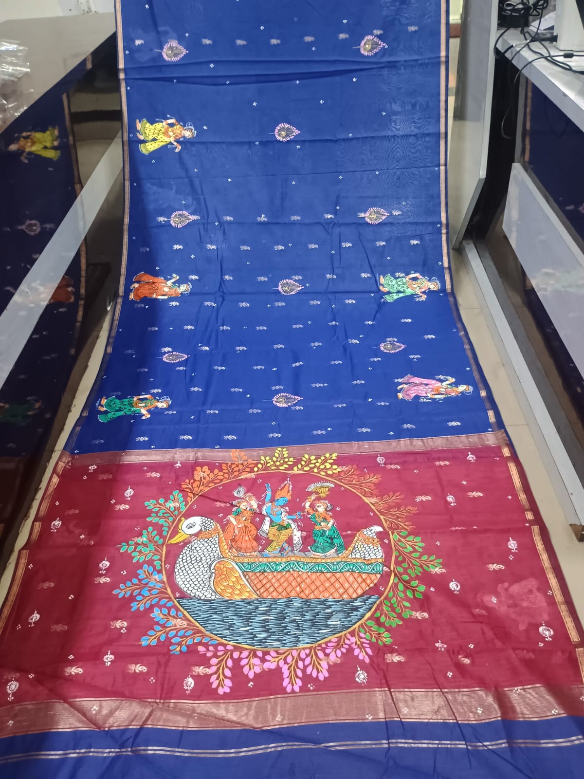 Royal Blue & Crimson Red Krishna Nauka Vihar Theme Hand-Painted Pattachitra South Cotton Saree