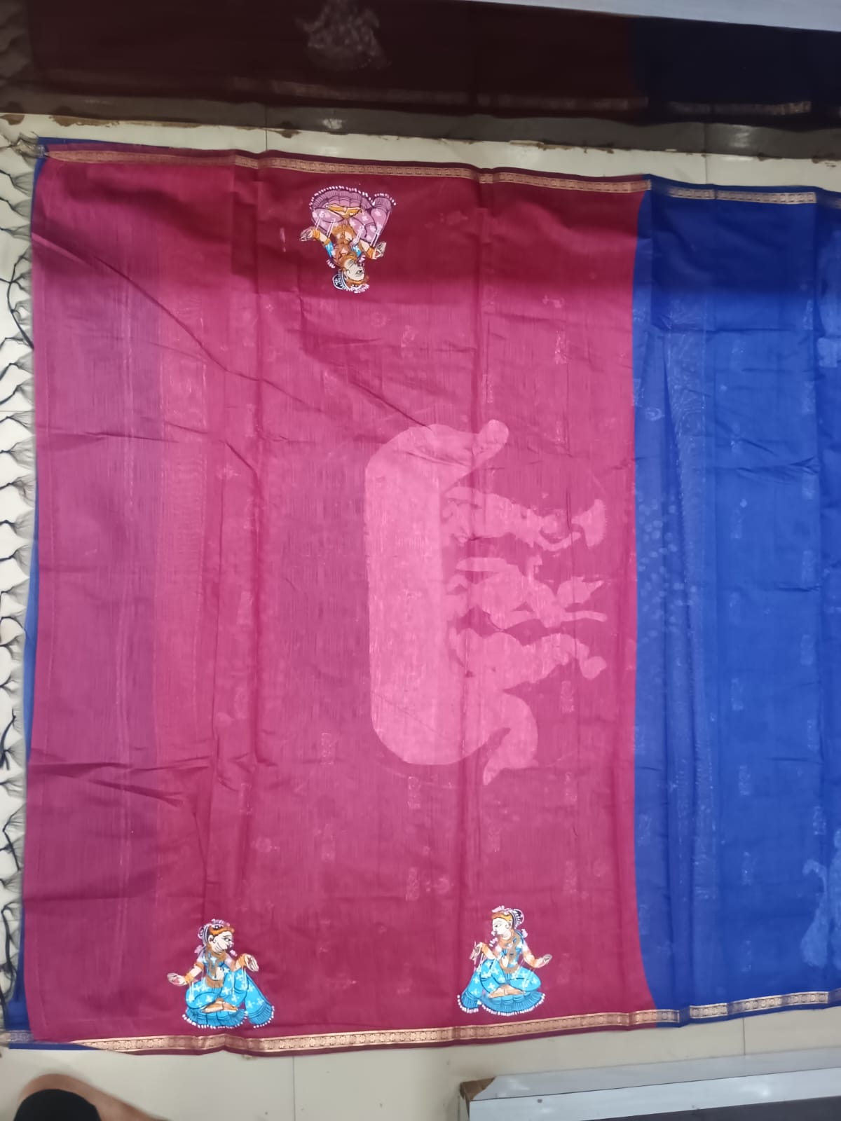 Royal Blue & Crimson Red Krishna Nauka Vihar Theme Hand-Painted Pattachitra South Cotton Saree