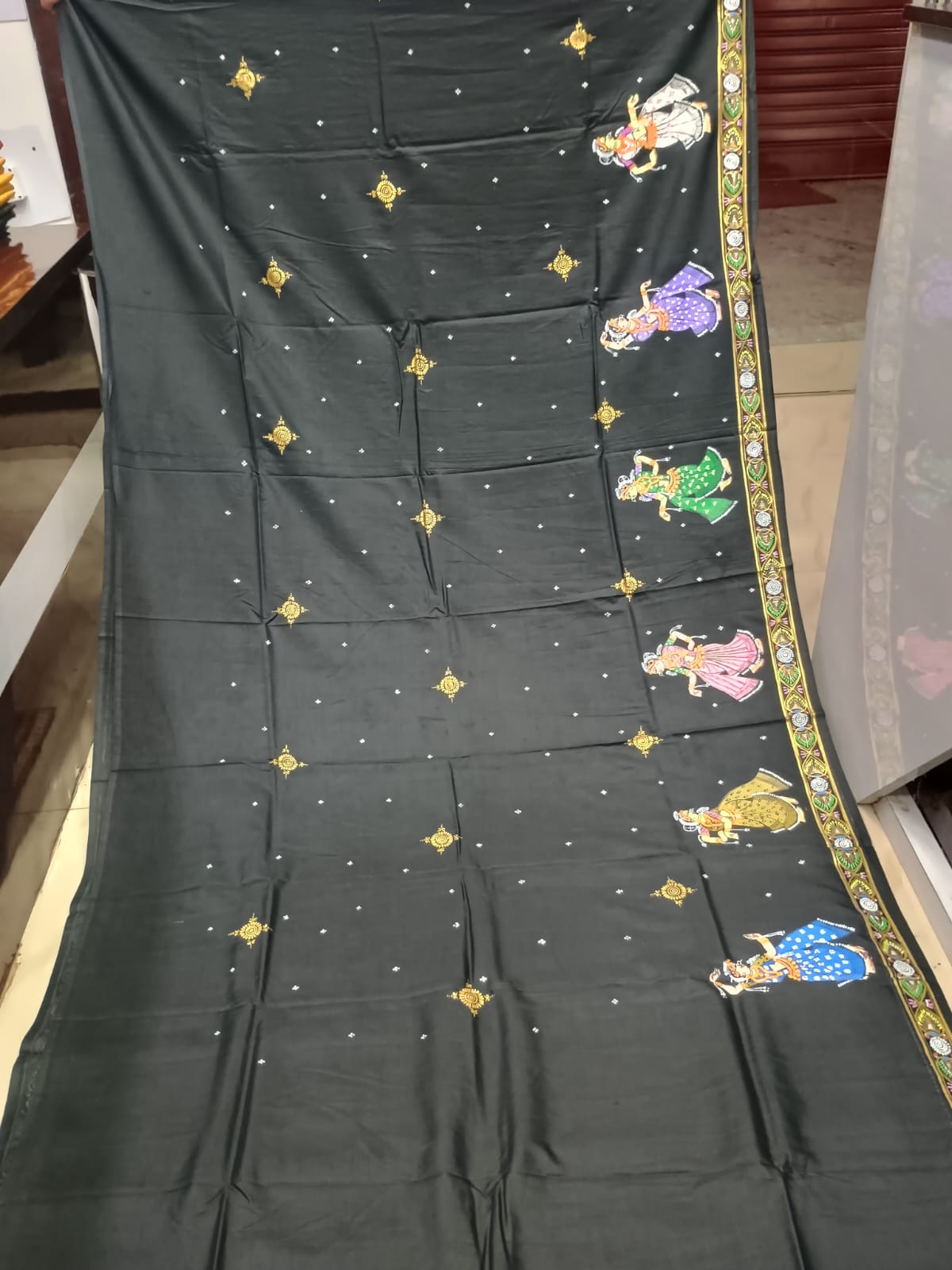 Black Radha Krishna Chandra Rasa Theme Hand-Painted Pattachitra Khadi Silk Saree