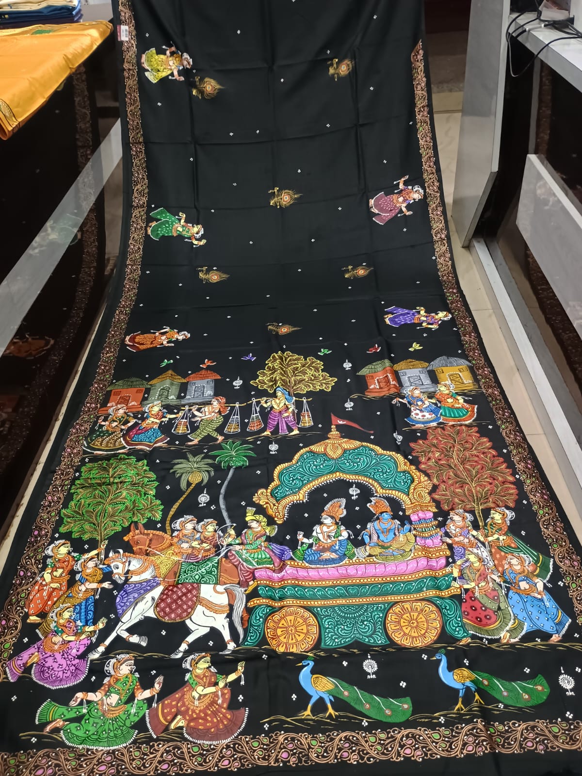 Midnight Black Hand-Painted Pattachitra khadi silk Saree – Ramayana Ram Rajya & Royal Chariot Return Theme