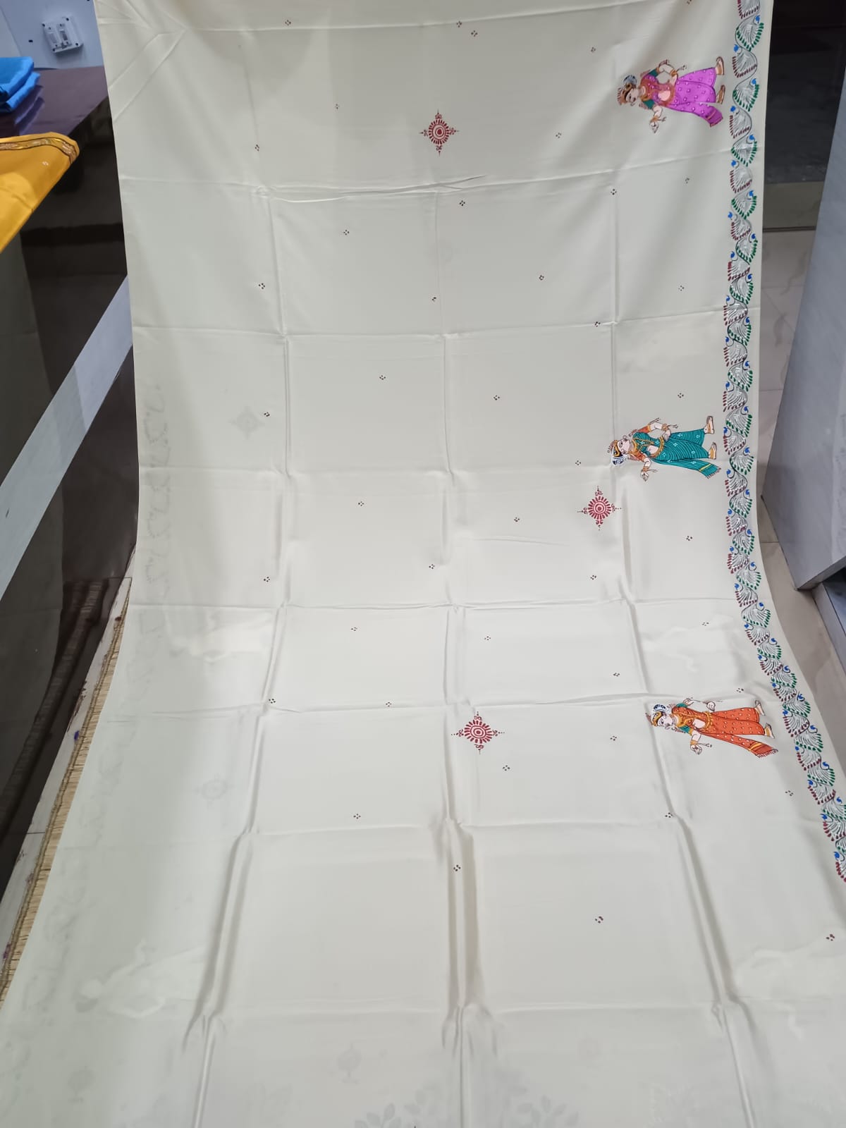 Off-White Cream Radha Krishna Raas Leela Hand-Painted Pattachitra Khadi Silk Saree.