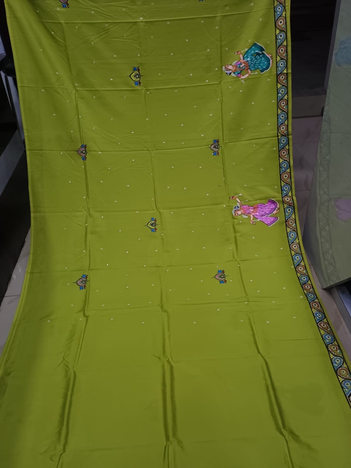 Yellow Mehendi Green Raja Doli Theme Hand-Painted Khadi Silk Pattachitra Saree.