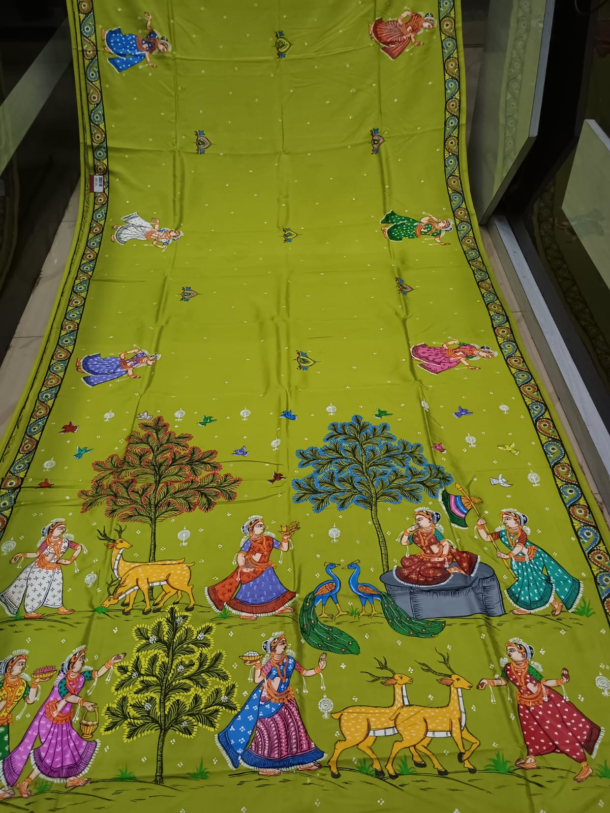 Yellow Mehendi Green Raja Doli Theme Hand-Painted Khadi Silk Pattachitra Saree.