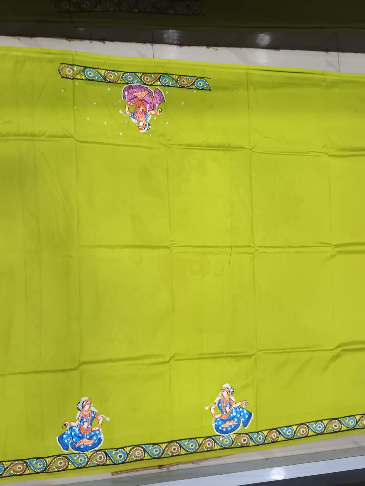 Yellow Mehendi Green Raja Doli Theme Hand-Painted Khadi Silk Pattachitra Saree.