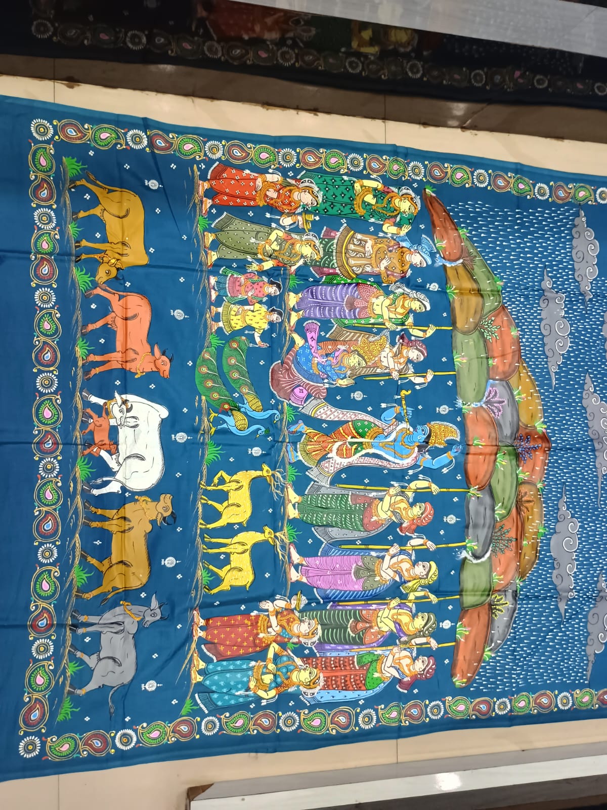 Ink Blue Hand-Painted Pattachitra Khadi silk Saree – Sri Krishna Govardhan Leela & Surabhi Cows Theme