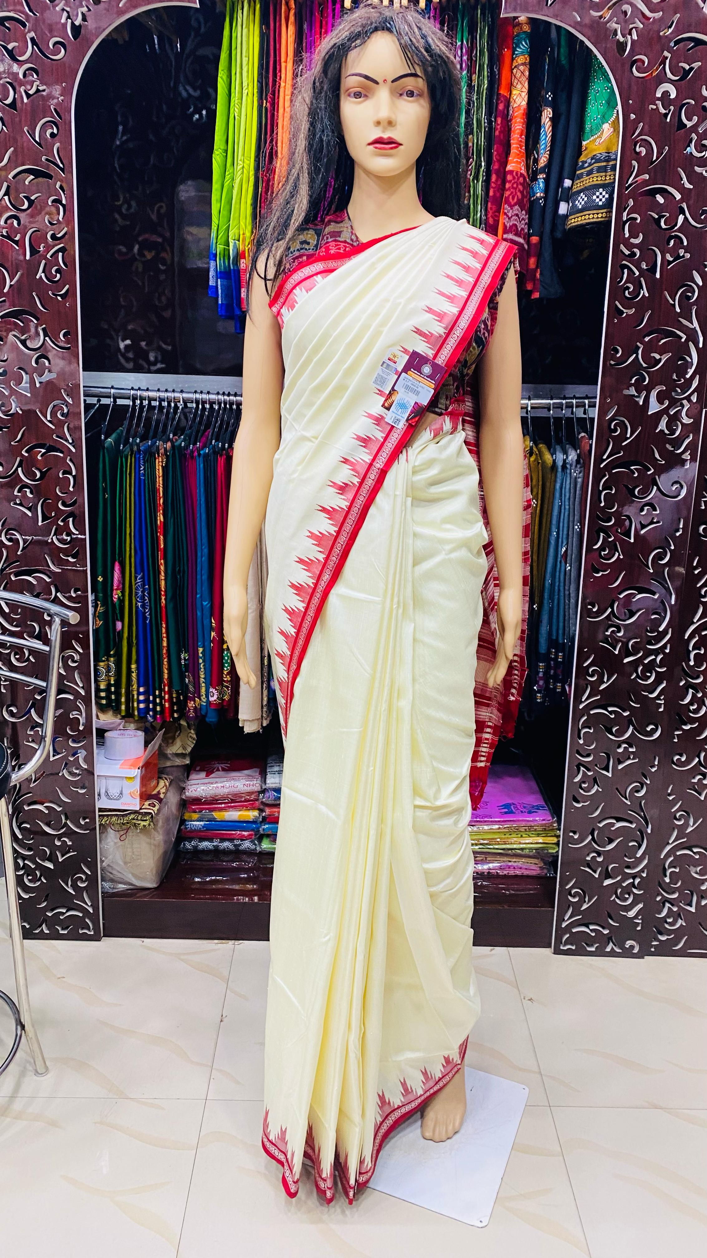 White Red Single Anchal Berhampuri Silk Saree