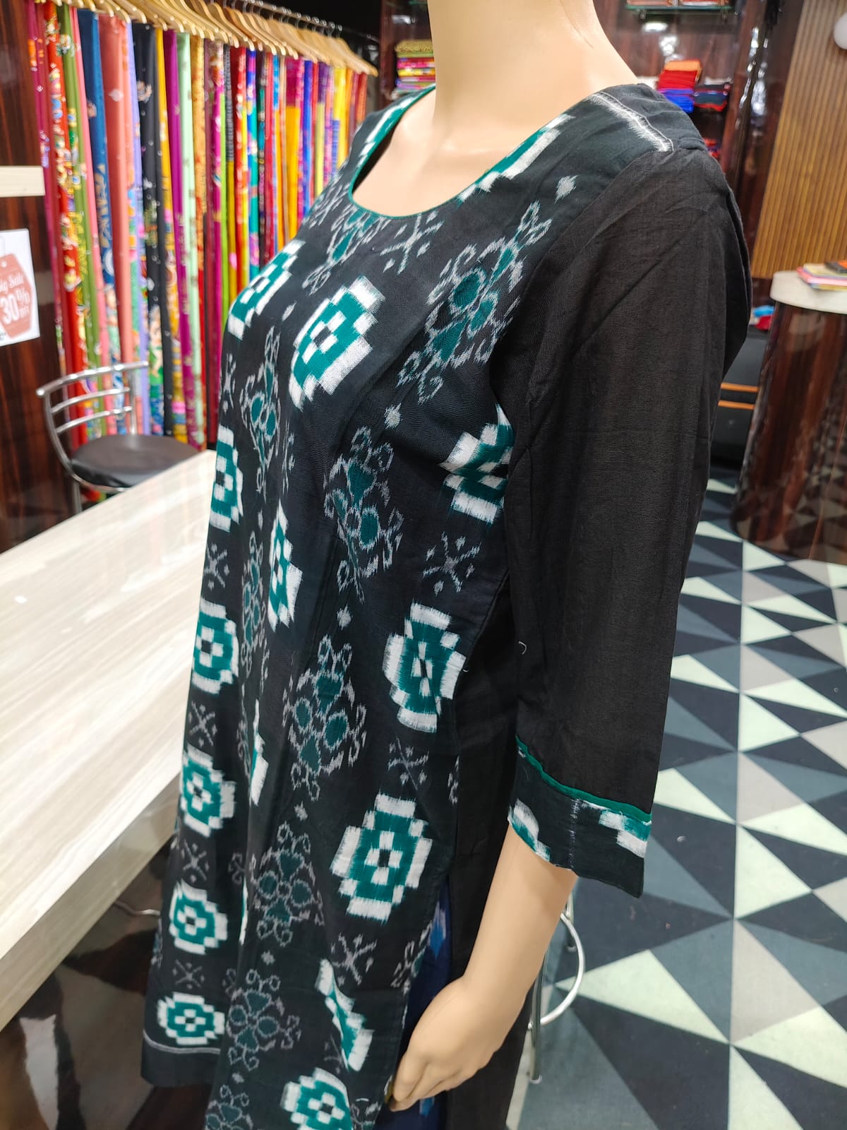 Black Green Pasapali With Flower Designer A-Line Kurti