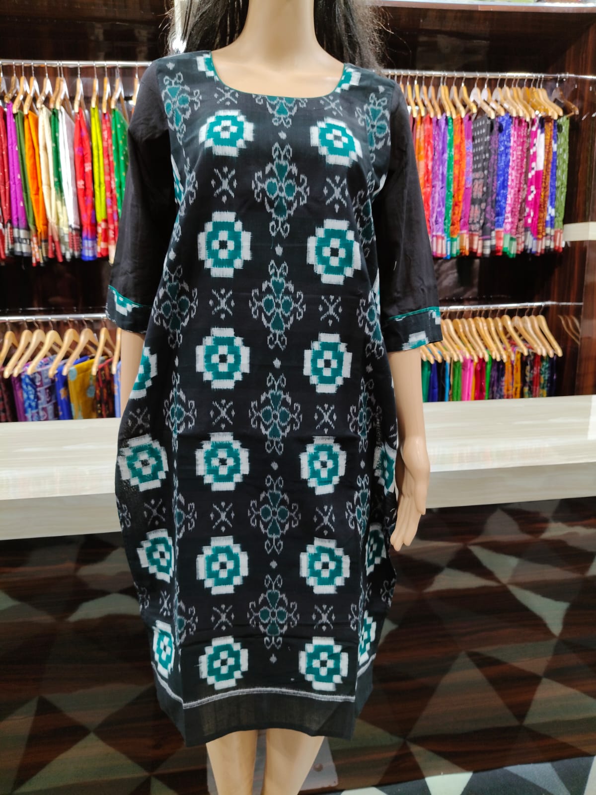 Black Green Pasapali With Flower Designer A-Line Kurti