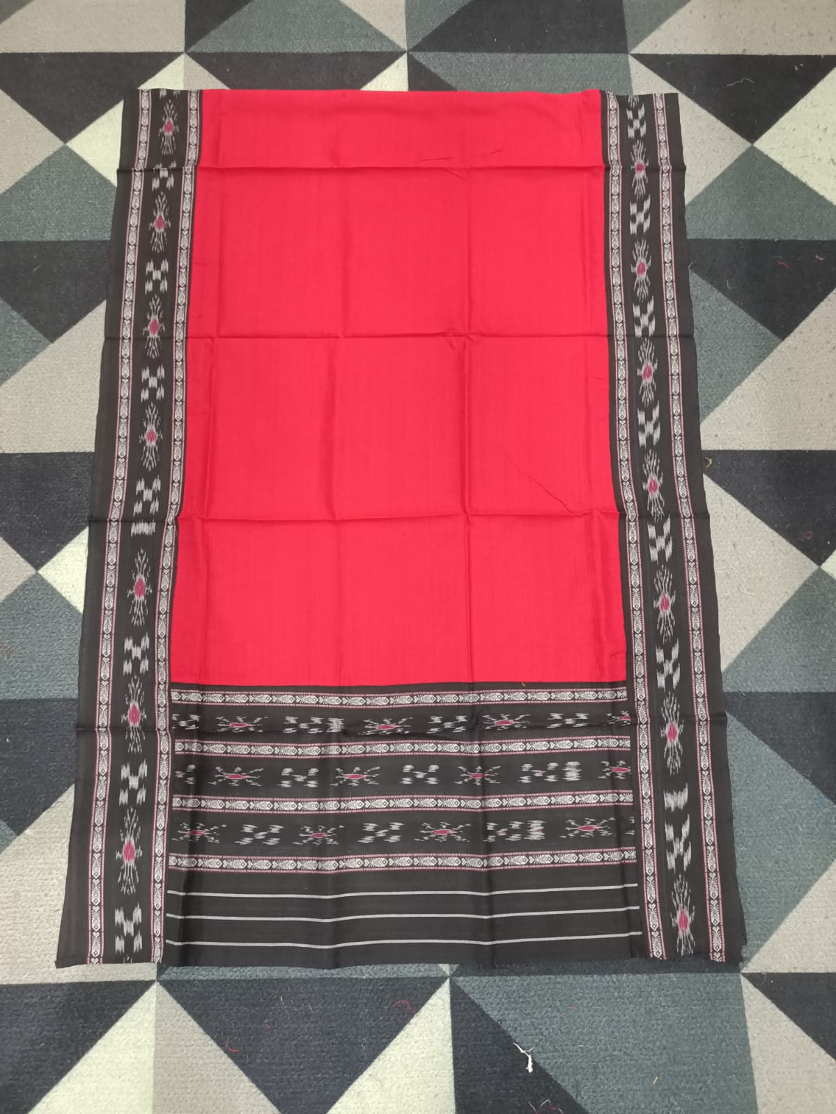 Black Red Handwoven Odisha Ikat Unstitched Dress Material Set (Top 2.5m, Bottom 2m, Dupatta 2.5m)