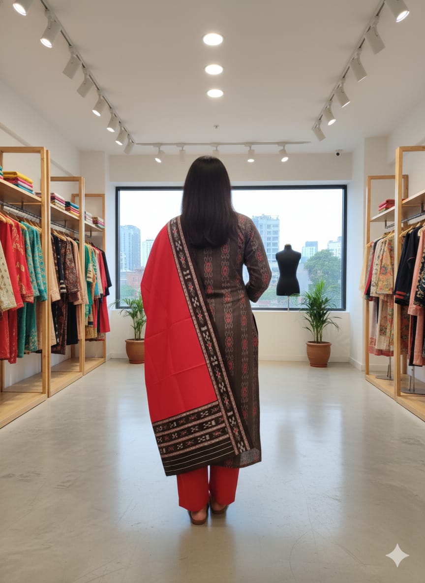 Black Red Handwoven Odisha Ikat Unstitched Dress Material Set (Top 2.5m, Bottom 2m, Dupatta 2.5m)