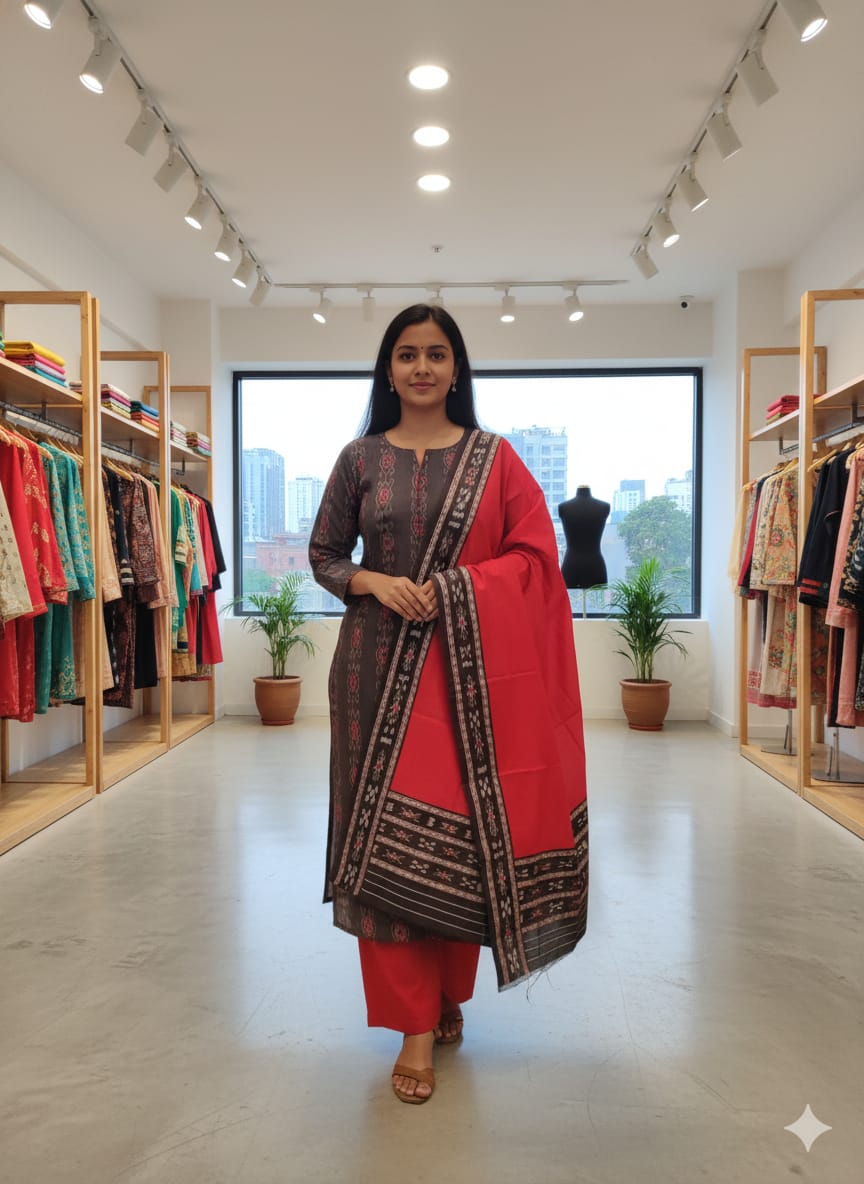 Black Red Handwoven Odisha Ikat Unstitched Dress Material Set (Top 2.5m, Bottom 2m, Dupatta 2.5m)