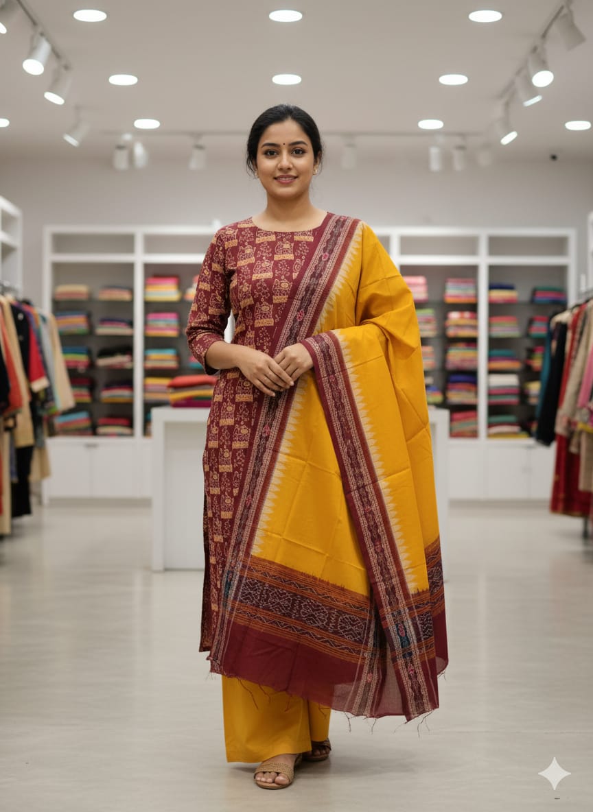 Maroon Yellow Animal Handwoven Odisha Ikat Unstitched Dress Material Set (Top 2.5m, Bottom 2m, Dupatta 2.5m)