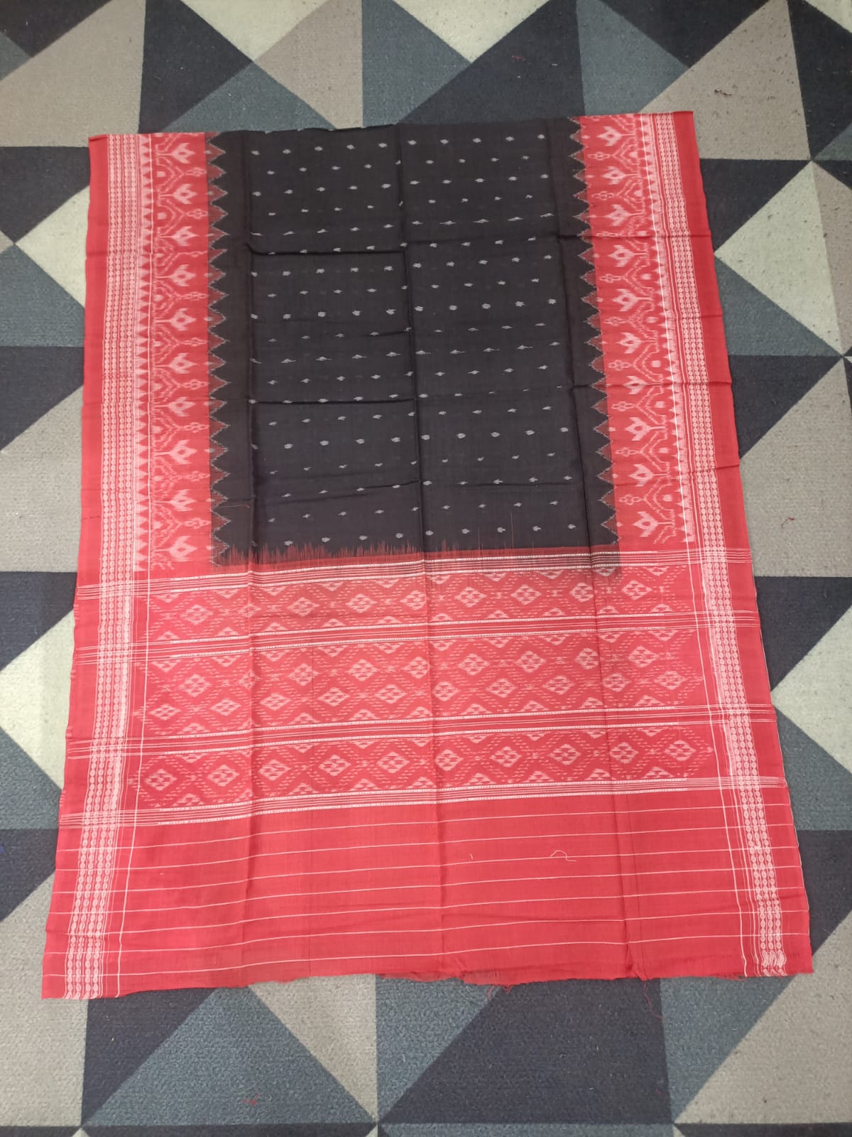 Red White Black Handwoven Odisha Ikat Unstitched Dress Material Set (Top 2.5m, Bottom 2m, Dupatta 2.5m)