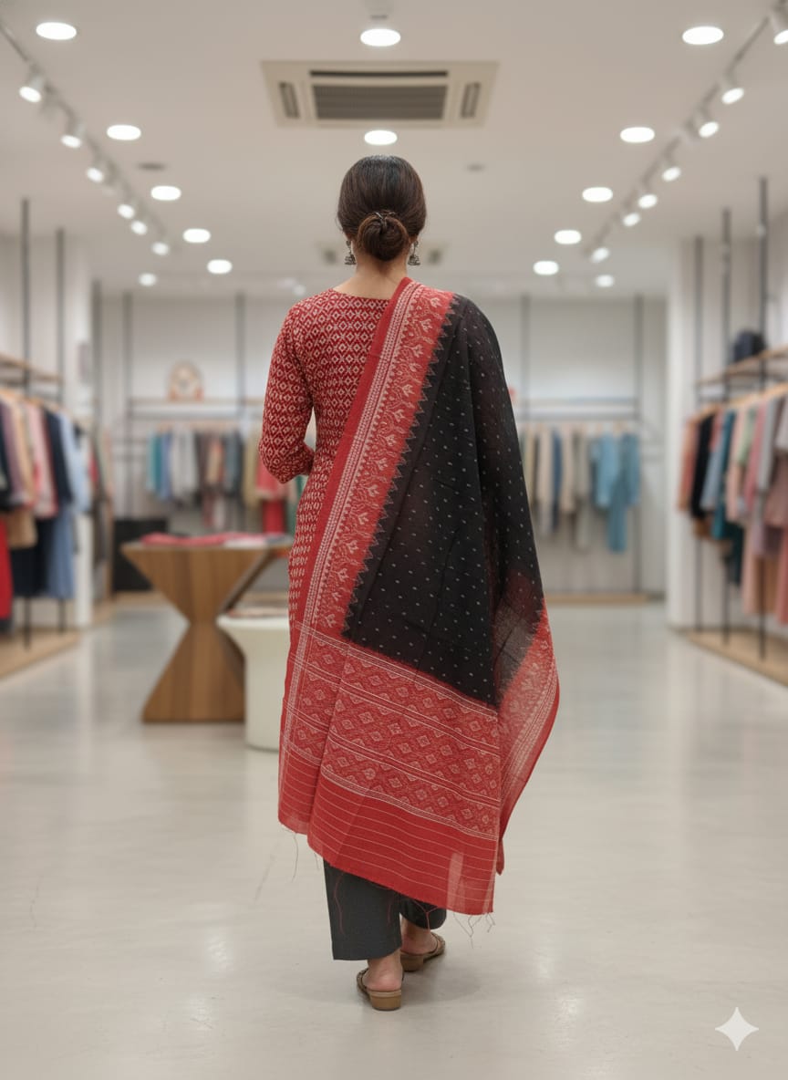 Red White Black Handwoven Odisha Ikat Unstitched Dress Material Set (Top 2.5m, Bottom 2m, Dupatta 2.5m)