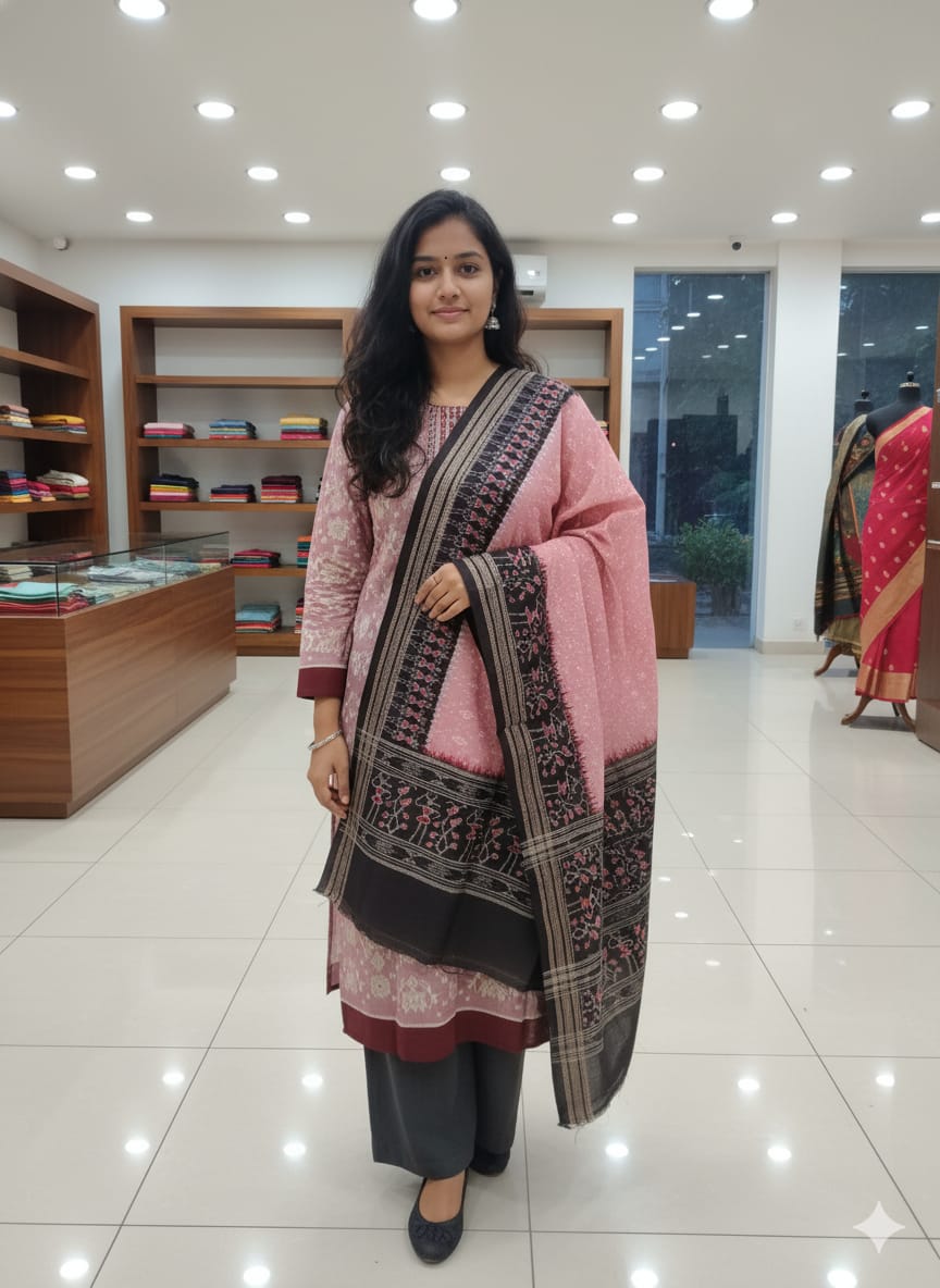 Peach Black Lotus Design Handwoven Odisha Ikat Unstitched Dress Material Set (Top 2.5m, Bottom 2m, Dupatta 2.5m)