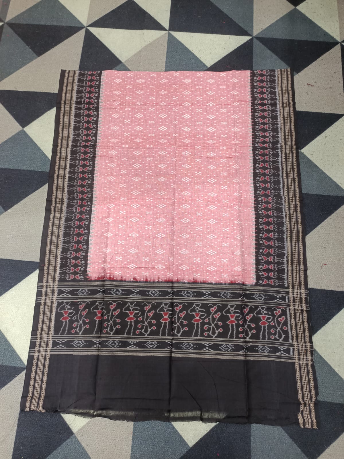 Peach Black Lotus Design Handwoven Odisha Ikat Unstitched Dress Material Set (Top 2.5m, Bottom 2m, Dupatta 2.5m)