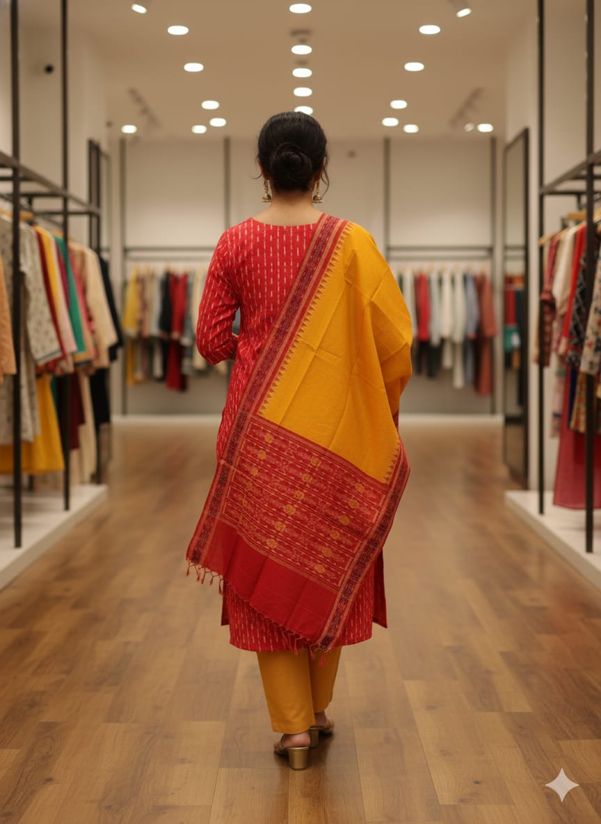 Red Yellow Lata Design Handwoven Odisha Ikat Unstitched Dress Material Set (Top 2.5m, Bottom 2m, Dupatta 2.5m)