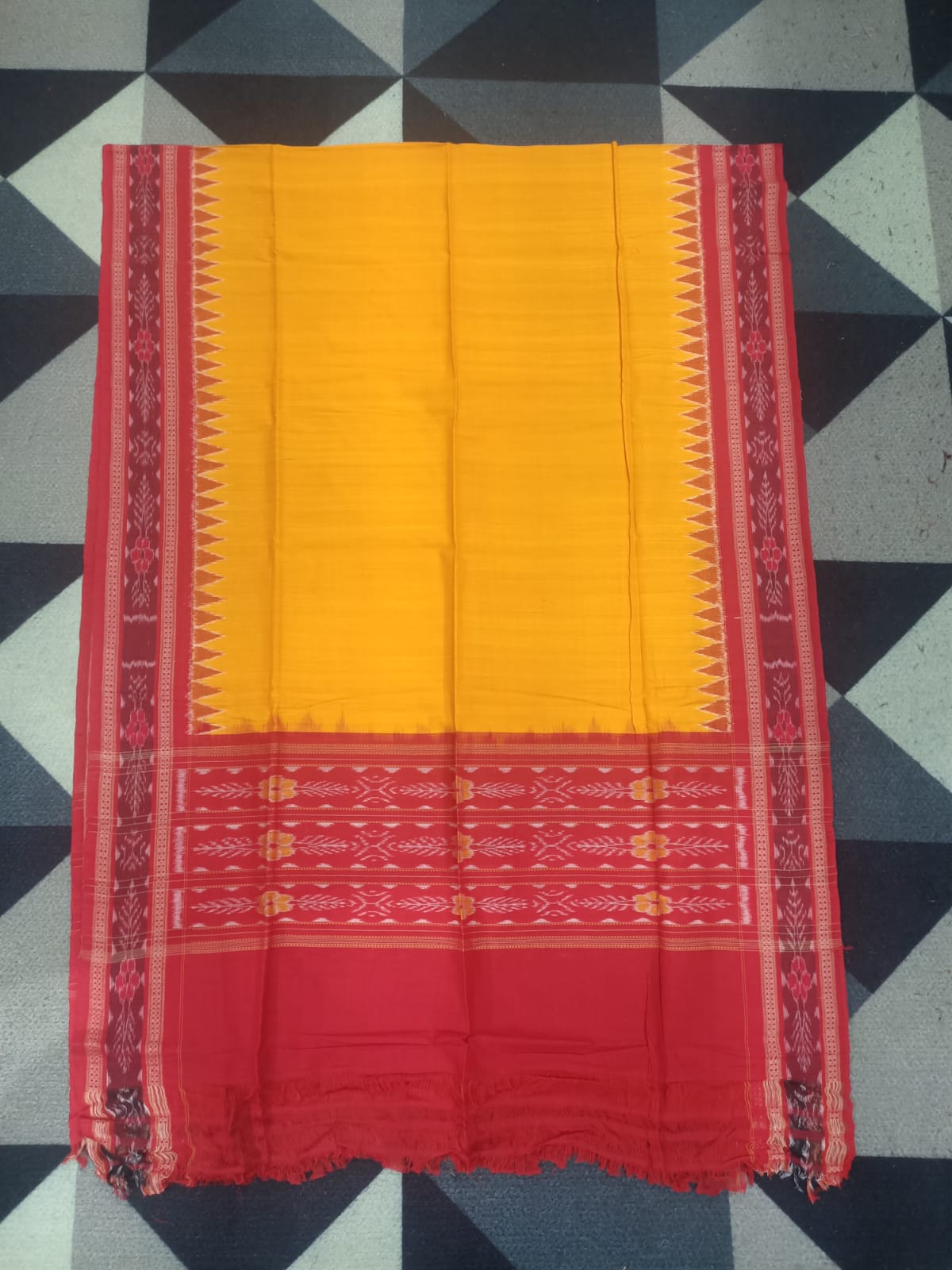 Red Yellow Lata Design Handwoven Odisha Ikat Unstitched Dress Material Set (Top 2.5m, Bottom 2m, Dupatta 2.5m)