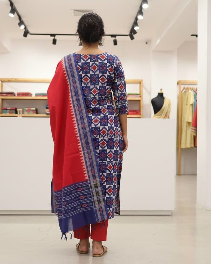 Blue White Red Pasapali Handwoven Odisha Ikat Unstitched Dress Material Set (Top 2.5m, Bottom 2m, Dupatta 2.5m)