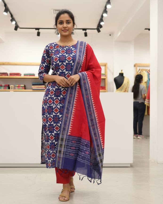 Blue White Red Pasapali Handwoven Odisha Ikat Unstitched Dress Material Set (Top 2.5m, Bottom 2m, Dupatta 2.5m)