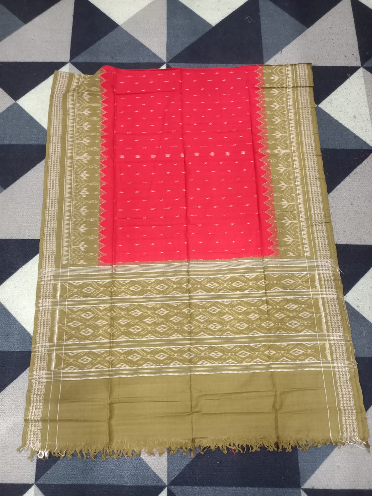 Mehendi Green Red Ikat Handwoven Odisha Ikat Unstitched Dress Material Set (Top 2.5m, Bottom 2m, Dupatta 2.5m)