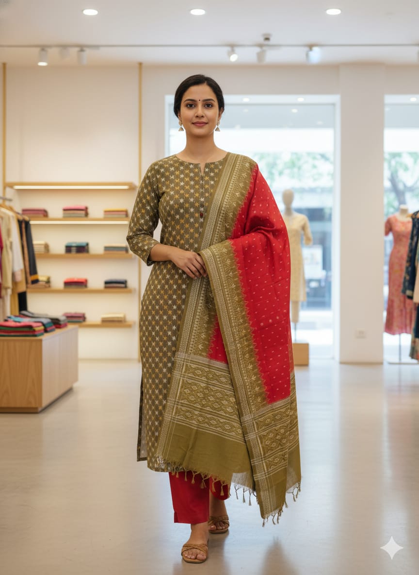 Mehendi Green Red Ikat Handwoven Odisha Ikat Unstitched Dress Material Set (Top 2.5m, Bottom 2m, Dupatta 2.5m)