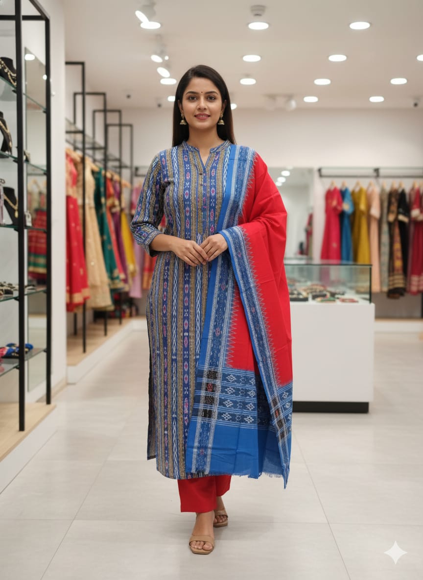 Teal Blue Red Arrow And Flower Design Handwoven Odisha Ikat Unstitched Dress Material Set (Top 2.5m, Bottom 2m, Dupatta 2.5m)