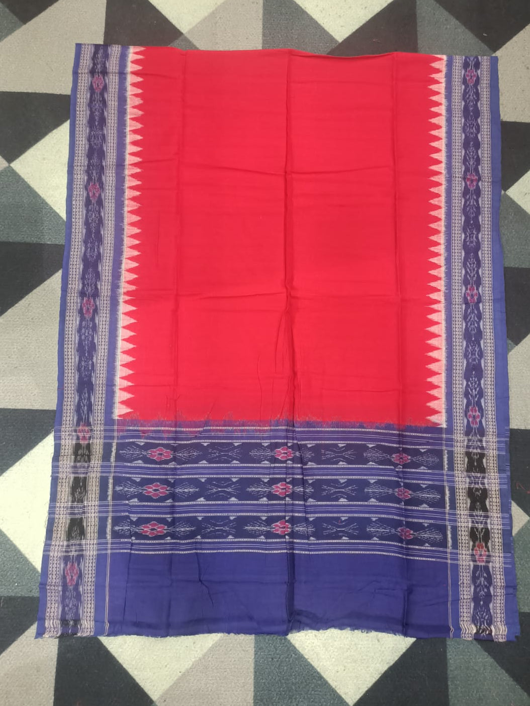 Blue Red Handwoven Odisha Ikat Unstitched Dress Material Set (Top 2.5m, Bottom 2m, Dupatta 2.5m)